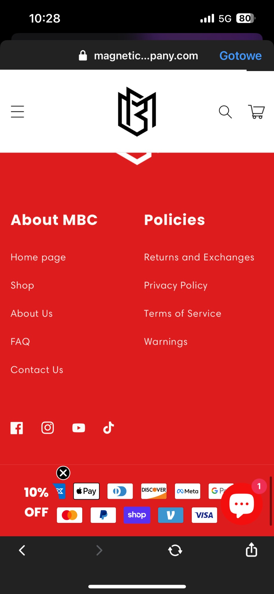 Mobilny widok strony internetowej z logo firmy, menu, sekcjami About MBC i Policies, ikonami mediów społecznościowych i paskiem płatności z rabatem 10%.