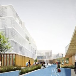 ART-BHP - Architektoniczna wizualizacja osiedla z placem zabaw, budynkiem o białej elewacji i drewnianą konstrukcją z miejscami do siedzenia.