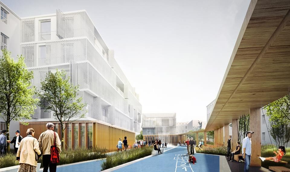 Architektoniczna wizualizacja osiedla z placem zabaw, budynkiem o białej elewacji i drewnianą konstrukcją z miejscami do siedzenia.