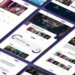Mockup strony internetowej z widokiem na interfejs użytkownika platformy muzycznej z katalogiem sal koncertowych i prób, prezentowany na białych kartkach ułożonych na fioletowym tle.