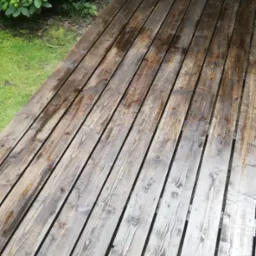 Świeżo umyta, drewniana podłoga tarasu z widocznymi śladami wody i zielenią ogrodu w tle.