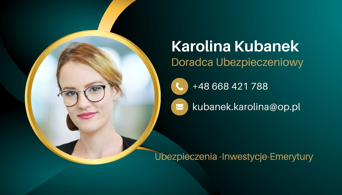 Portret doradcy ubezpieczeniowego Karolina Kubanek w złotym okręgu na tle zieleni, z danymi kontaktowymi i zakresem usług: ubezpieczenia, inwestycje, emerytury.