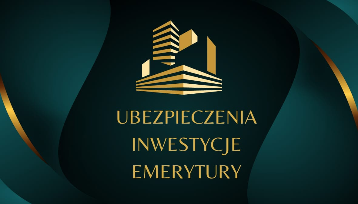 Graficzne logo firmy ubezpieczeniowej z motywem złotych budynków na ciemnozielonym tle, z napisem Ubezpieczenia Inwestycje Emerytury