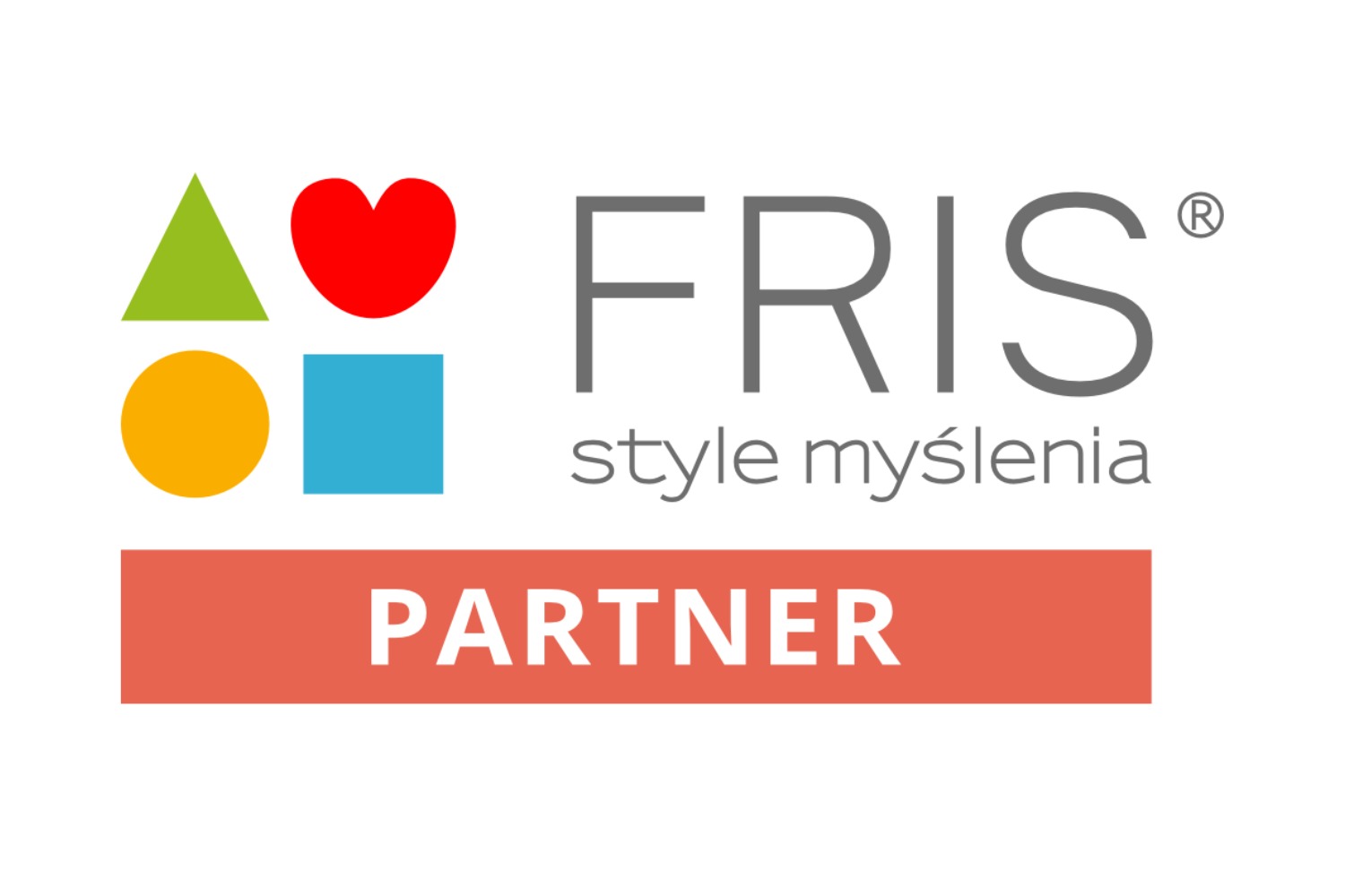 Logo FRIS® z hasłem 'style myślenia' i napisem 'PARTNER' na czerwonym tle, obok zielony trójkąt, czerwone serce, żółte koło i niebieski kwadrat.