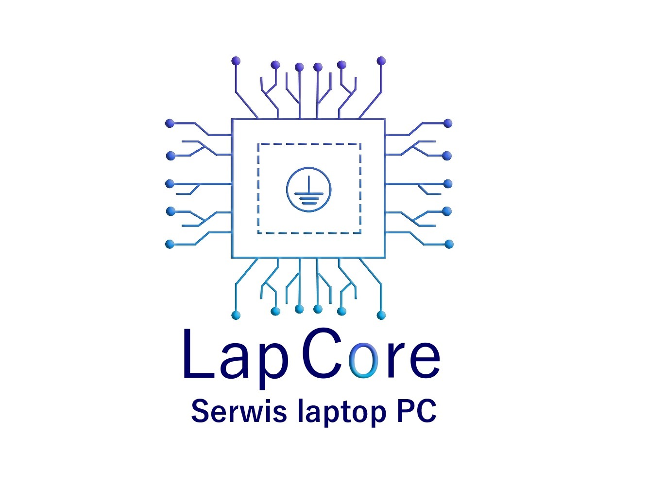 Logo firmy Lap Core, serwis laptopów PC, przedstawiające schemat układu scalonego z gradientem od niebieskiego do fioletowego i symbolem uziemienia w środku.