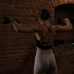 Kobieta ćwiczy z hantlami na tle ceglanej ściany z łukowym wnęką, widok z tyłu, na włosach spinka.