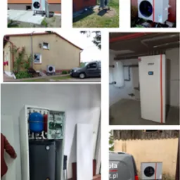 Zestawienie zdjęć: zewnętrzna jednostka pompy ciepła zamontowana przy różnych budynkach, wewnętrzna jednostka z podłączonymi instalacjami w piwnicy oraz otwarty system z zasobnikiem ciepłej wody...