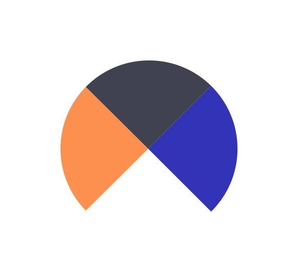 Abstrakcyjne logo w kształcie wycinka koła, podzielonego na cztery kolorowe segmenty: pomarańczowy, granatowy, ciemnoszary i niebieski.