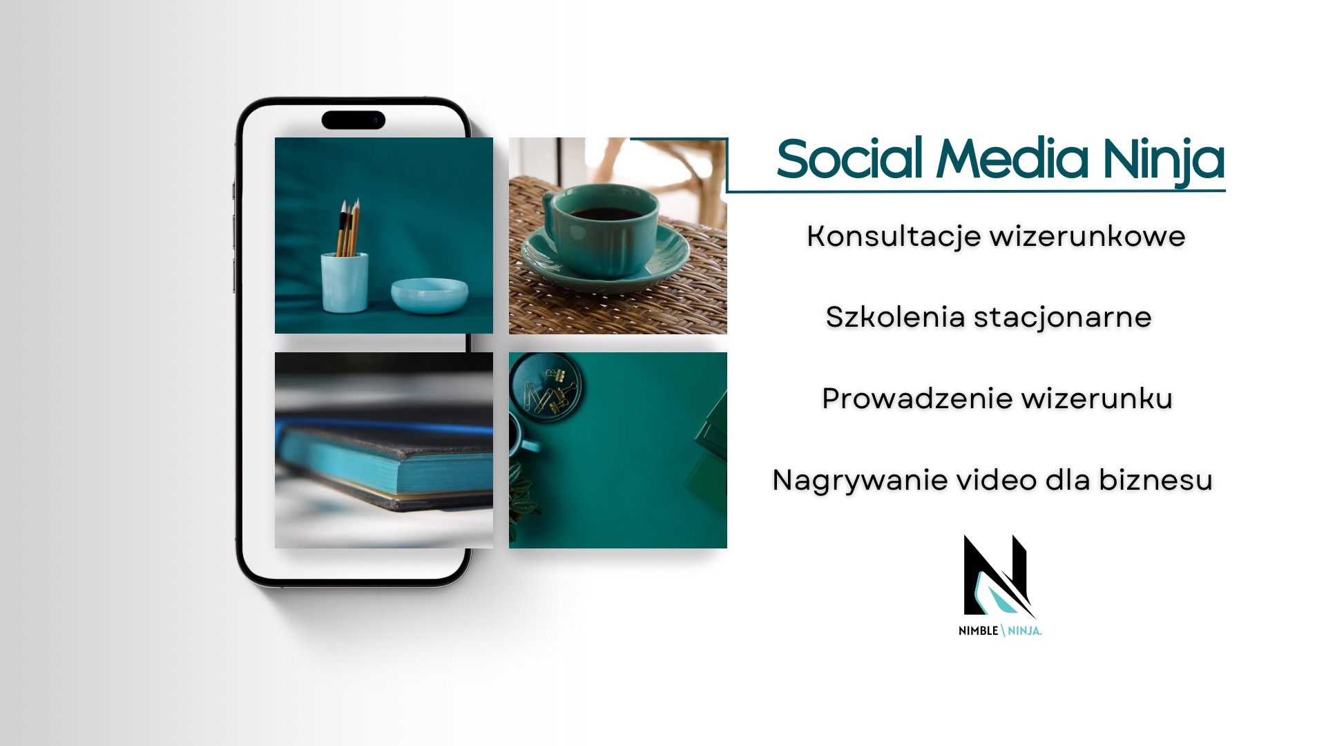Mockup telefonu prezentujący ofertę firmy Social Media Ninja, z detalami konsultacji wizerunkowych, szkoleń stacjonarnych, prowadzenia wizerunku i nagrywania video dla biznesu, uzupełniony o logo...