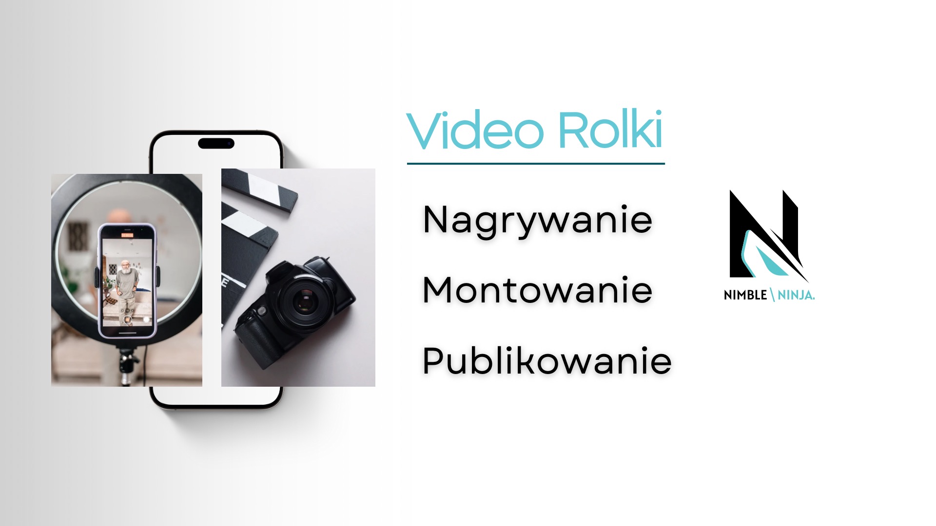 Zestaw do tworzenia wideo rolek: smartfon w lampie pierścieniowej z nagraniem starszego mężczyzny, klaps filmowy i aparat fotograficzny na białym tle, obok logo firmy.