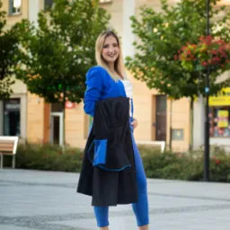 Uśmiechnięta blondynka w niebieskim garniturze i beżowych szpilkach, trzymająca togę prawniczą z niebieską lamówką na tle miejskiego placu.