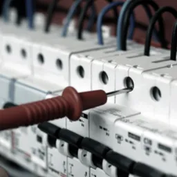 Elektryk mierzy napięcie w rozdzielnicy elektrycznej za pomocą miernika z czerwoną rączką, widoczne bezpieczniki i przewody.