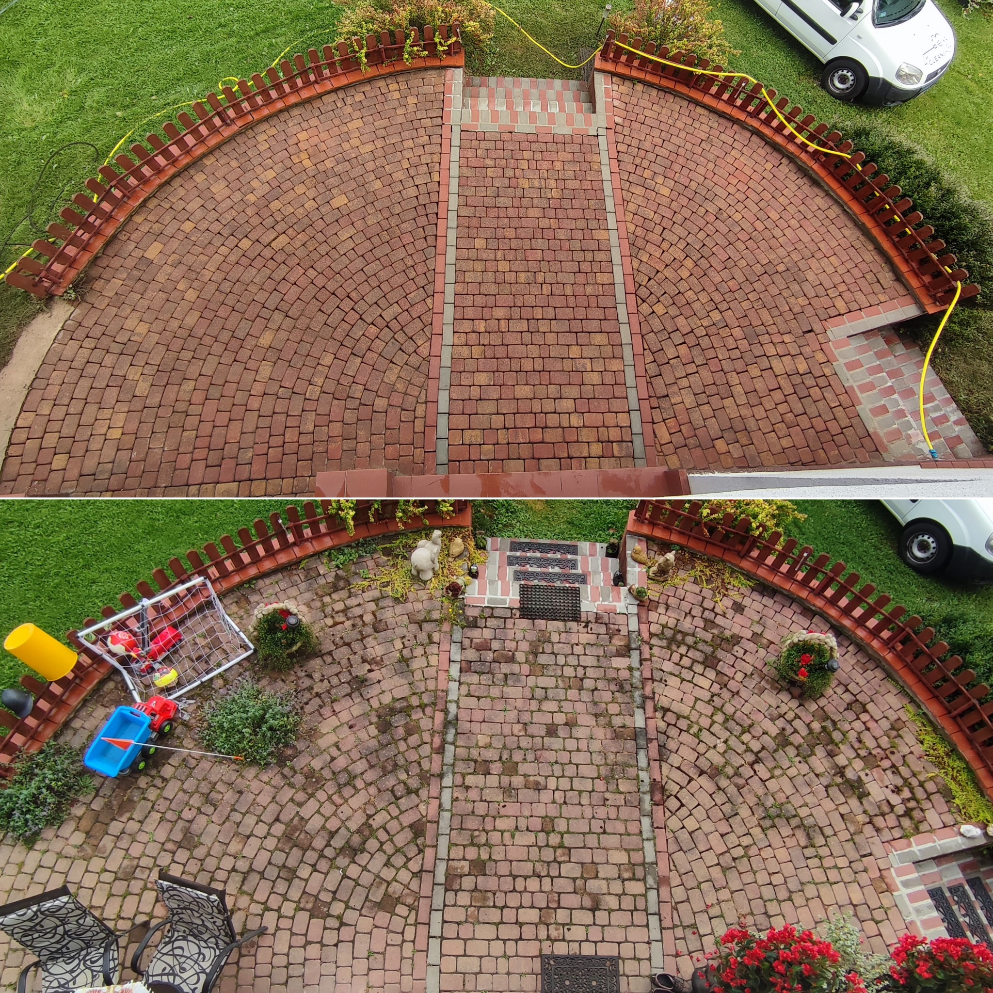Porównanie kostki brukowej przed i po czyszczeniu, widok z góry ukazuje różnicę w kolorze i czystości, z elementami dekoracyjnymi i zabawkami na dolnym zdjęciu.