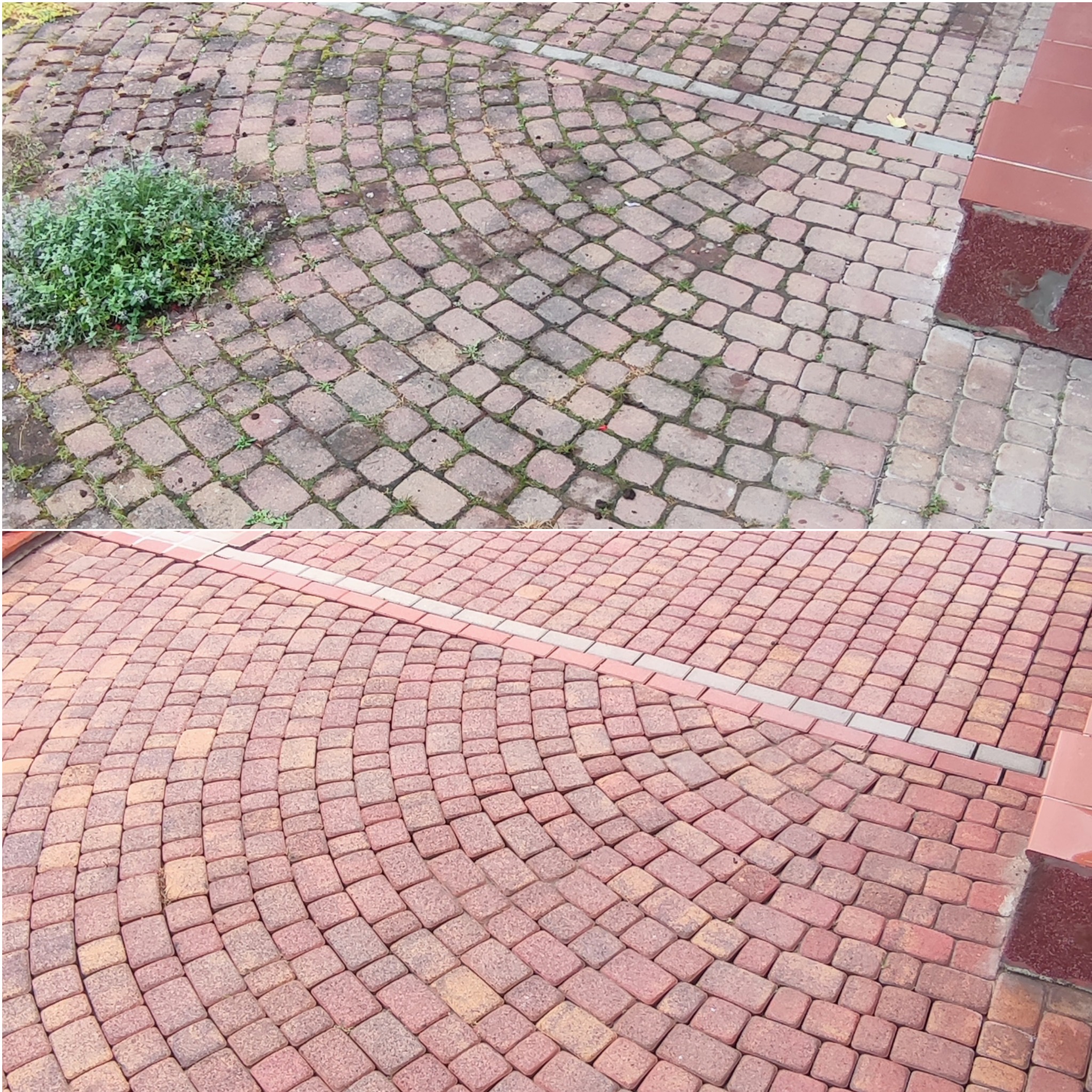 Porównanie kostki brukowej przed i po czyszczeniu: po lewej stronie zabrudzona z mchem, po prawej stronie czysta, czerwona kostka brukowa.