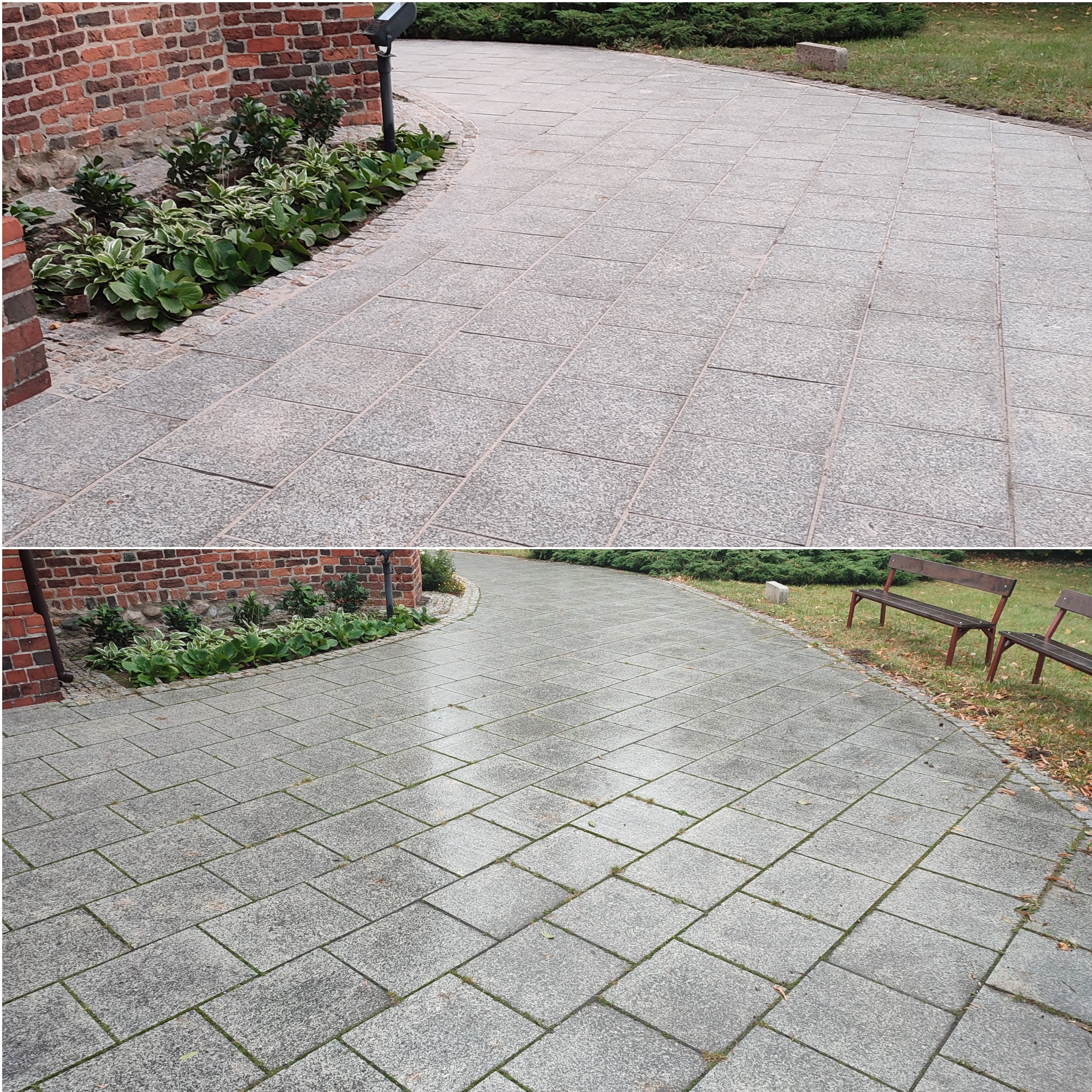 Szara kostka brukowa ułożona wzdłuż ceglanego muru i rabaty z zielenią, widoczne ślady wilgoci i niewielkie chwasty między kostkami, w tle ławki parkowe.