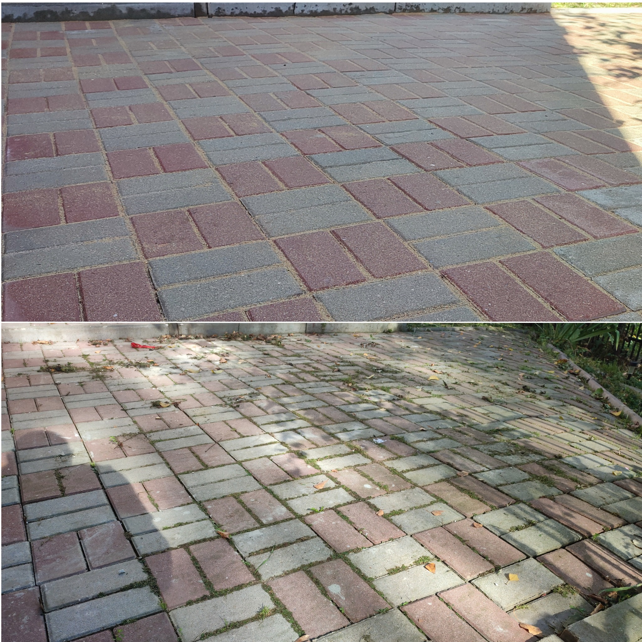 Porównanie kostki brukowej przed i po czyszczeniu; górny kadr pokazuje czystą, szaroczerwoną powierzchnię, dolny kadr ukazuje zabrudzoną kostkę z mchem i liśćmi.