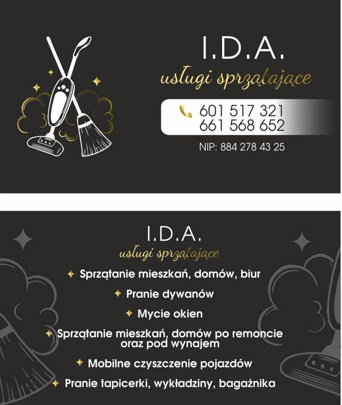 Grafika reklamowa firmy I.D.A. oferującej usługi sprzątające, z ikonami mopa i odkurzacza, numerami telefonów i listą oferowanych usług, w tym sprzątanie mieszkań, pranie dywanów, mycie okien...