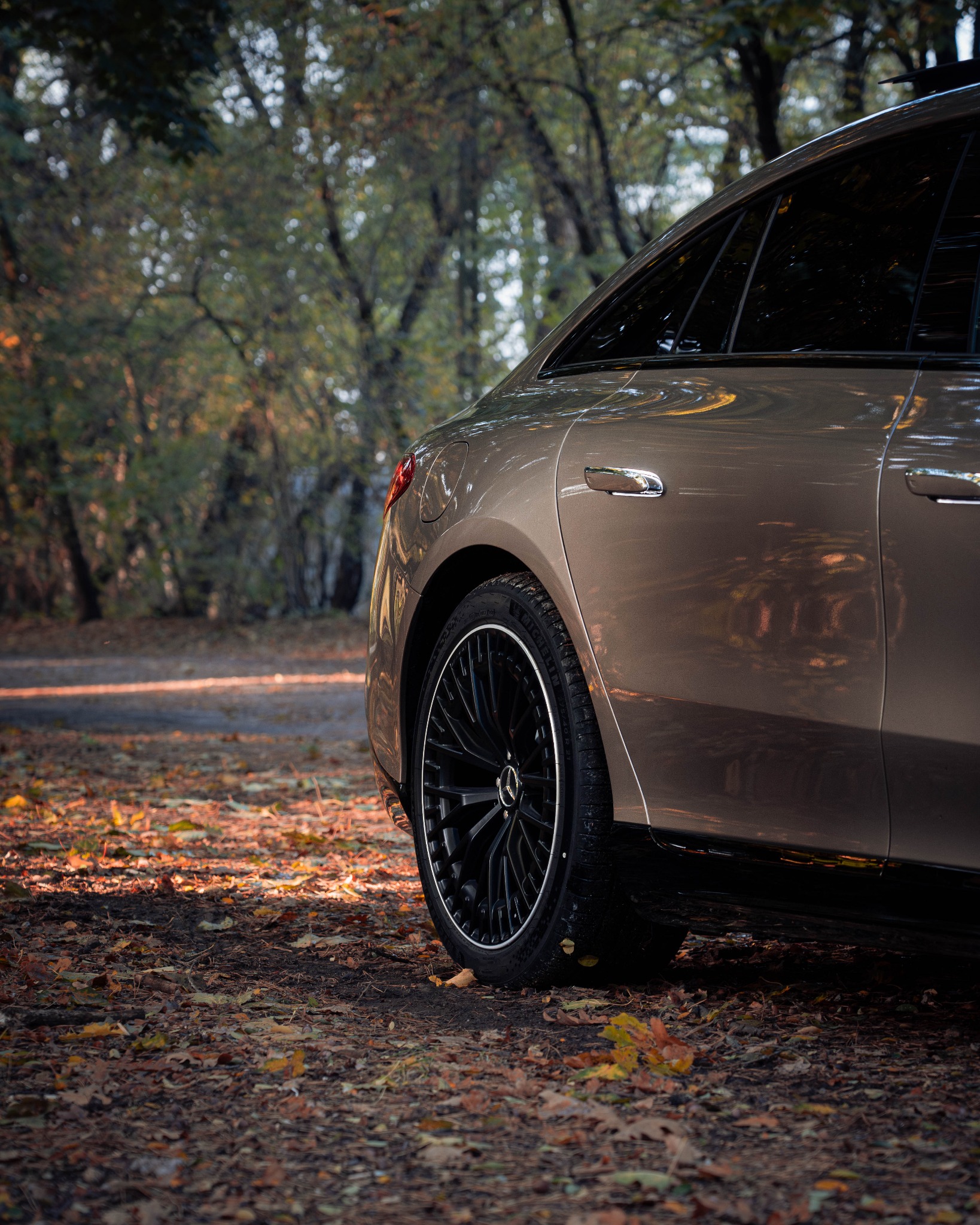 Złoty samochód osobowy, widok z tyłu, czarne felgi, jesienne tło z liści na ziemi.