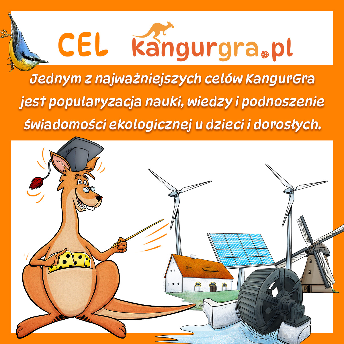 Ilustracja kangura w todze absolwenta, wskazującego laską na miniaturowy krajobraz z turbinami wiatrowymi, panelem słonecznym i młynem wodnym, promująca edukację ekologiczną.