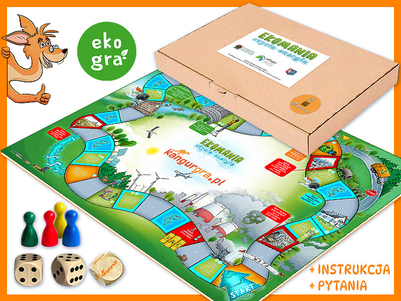 Plansza gry edukacyjnej Ekomania z elementami ekologii, pudełko, pionki, kostki i instrukcja, promowana przez logo KangurGra.pl