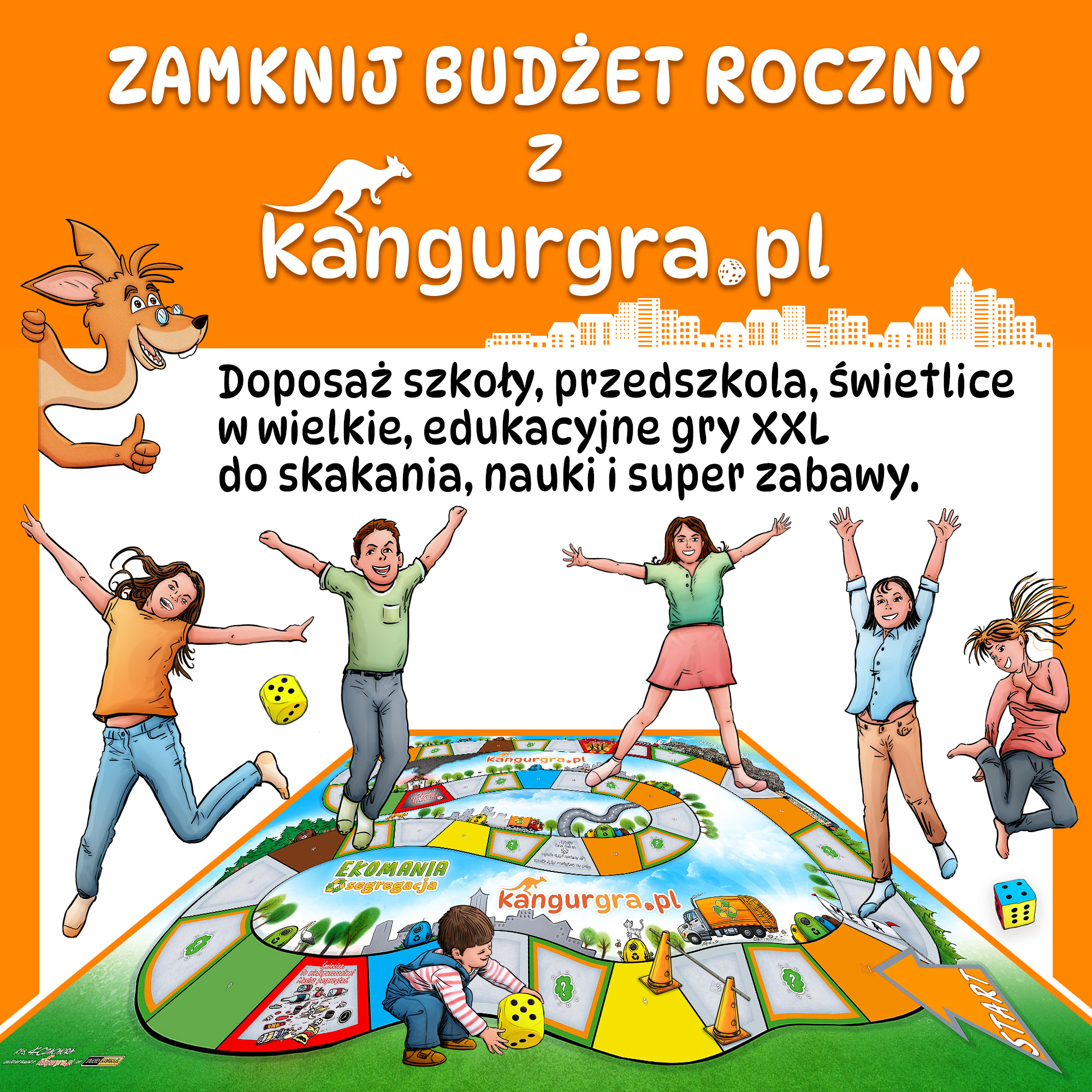 Ilustracja przedstawiająca dzieci bawiące się na planszy gry edukacyjnej KangurGra.pl, z hasłem 'Zamknij Budżet Roczny' i zachętą do doposażenia szkół i przedszkoli w gry XXL.