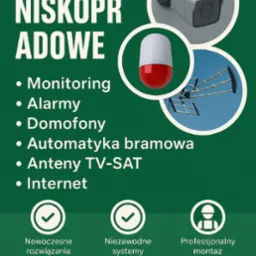Grafika reklamowa usług niskoprądowych: monitoring, alarmy, domofony, anteny TV-SAT i internet. Nowoczesne rozwiązania, niezawodne systemy, profesjonalny montaż.