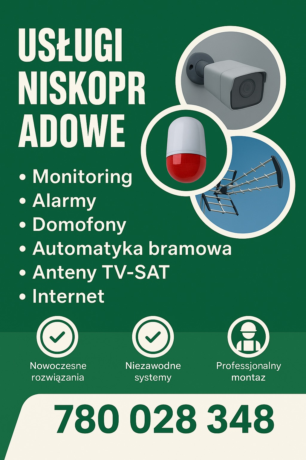 Grafika reklamowa usług niskoprądowych: monitoring, alarmy, domofony, anteny TV-SAT i internet. Nowoczesne rozwiązania, niezawodne systemy, profesjonalny montaż.