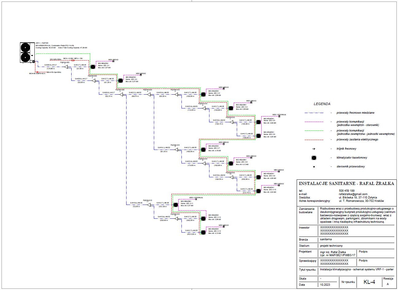 Schemat instalacji klimatyzacji VRF-1 na parterze budynku, z legendą o przewodach freonowych, komunikacyjnych i zasilania elektrycznego, klimatyzatorach kasetonowych i sterownikach przewodowych,...