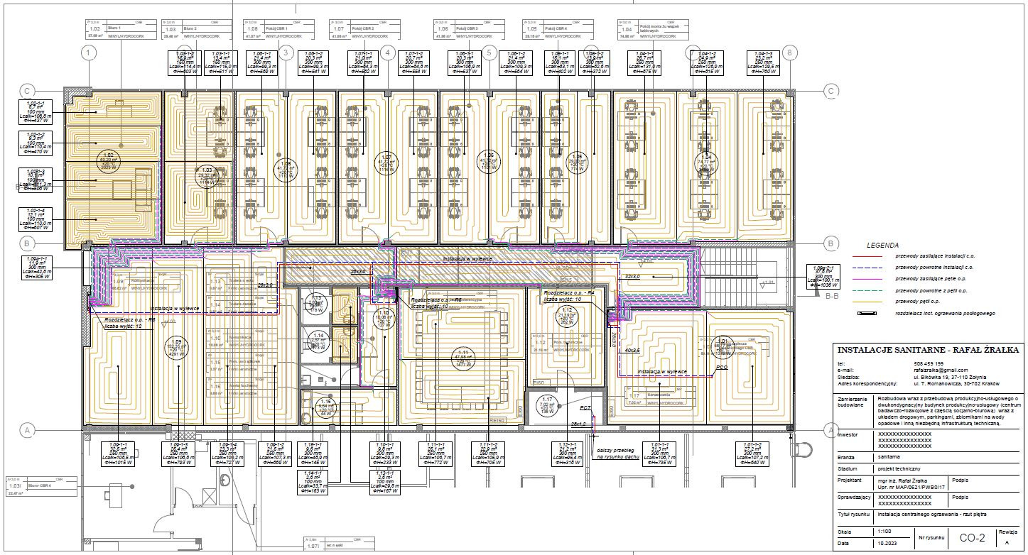 Rzut instalacji centralnego ogrzewania na piętrze, z zaznaczonym przebiegiem przewodów zasilających i powrotnych, oraz rozmieszczeniem rozdzielaczy i pętli ogrzewania podłogowego w układzie...
