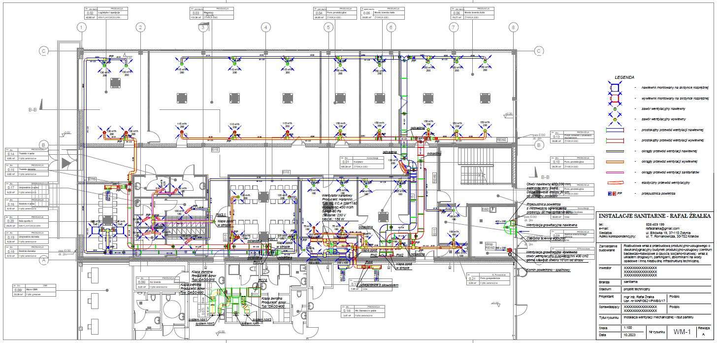 Rzut parteru instalacji wentylacji mechanicznej w Krakowie, z legendą i oznaczeniami przewodów wentylacyjnych, nawiewników i wywiewników.