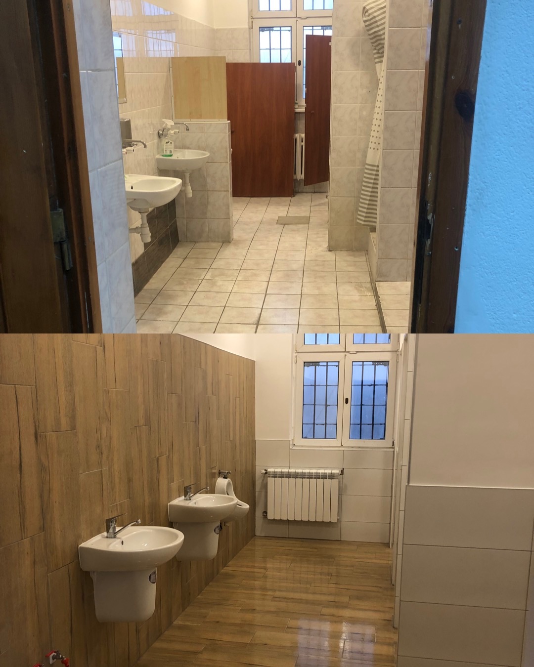 Porównanie dwóch łazienek: stara z białymi płytkami i nowa z panelami drewnopodobnymi, pokazujące efekt po remoncie.