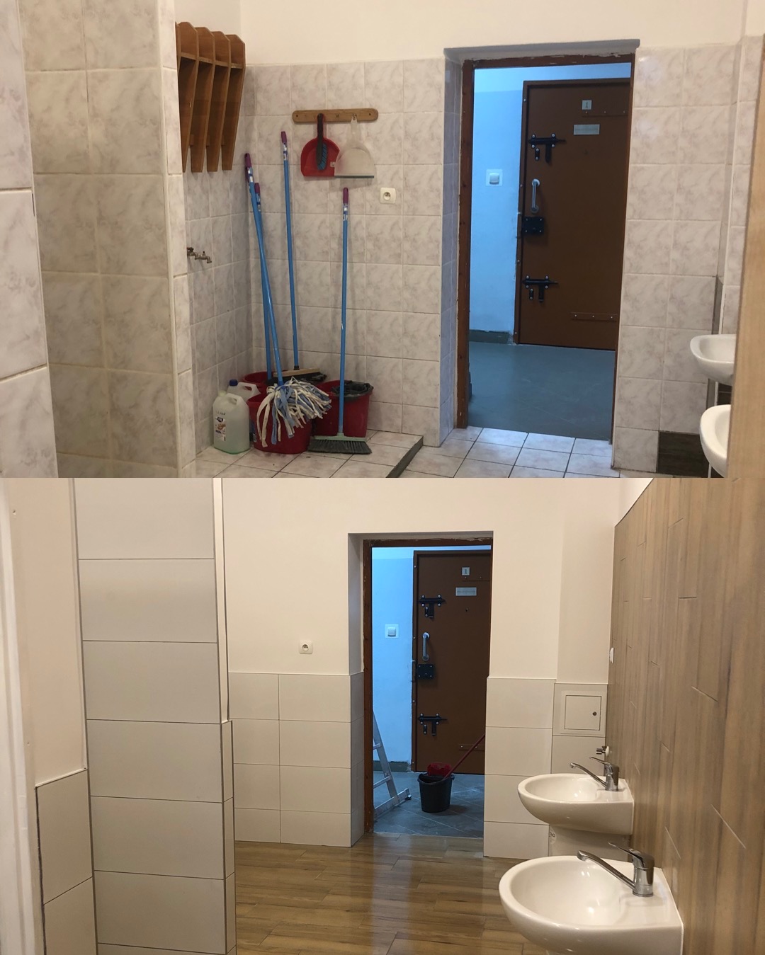 Porównanie stanu łazienki przed i po odświeżeniu: od płytek w odcieniach beżu i wyposażenia do sprzątania, do białych ścian i paneli podłogowych imitujących drewno.