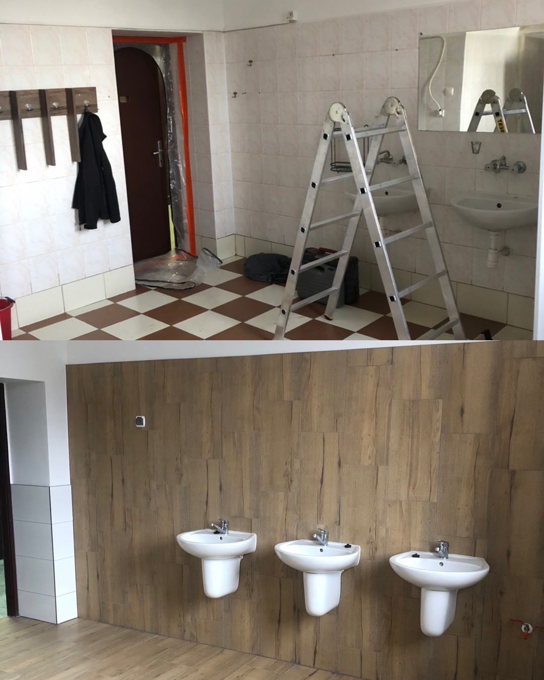 Zdjęcie 'przed i po' przedstawiające remont łazienki: górna część ukazuje starą łazienkę z płytkami, drabina oparta o umywalkę, dolna część prezentuje odnowioną łazienkę z drewnopodobnymi panelami...