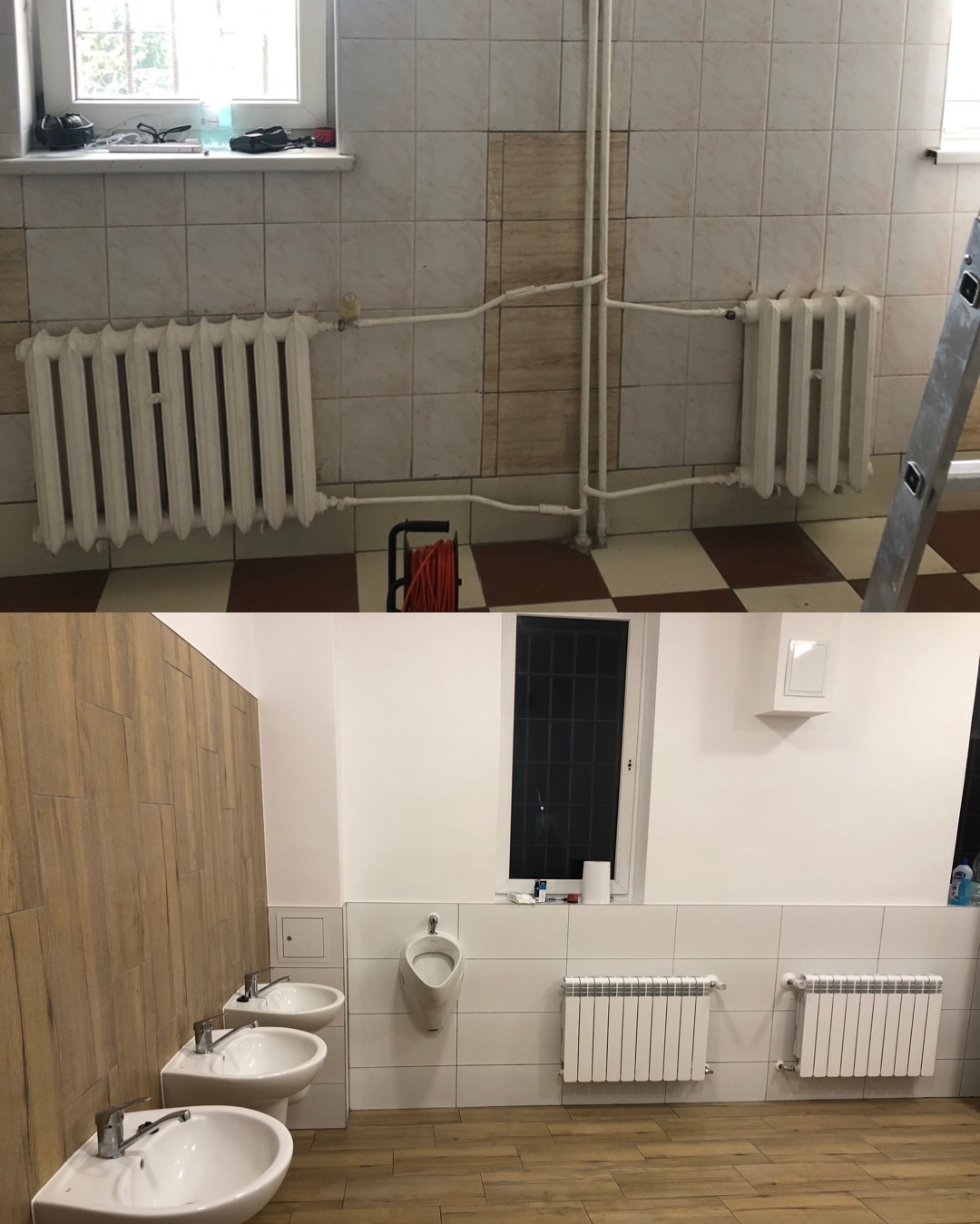Porównanie łazienki przed i po remontu: stare, kremowe płytki i żeliwne grzejniki kontra nowa, biała armatura i grzejniki panelowe na drewnopodobnych płytkach podłogowych.