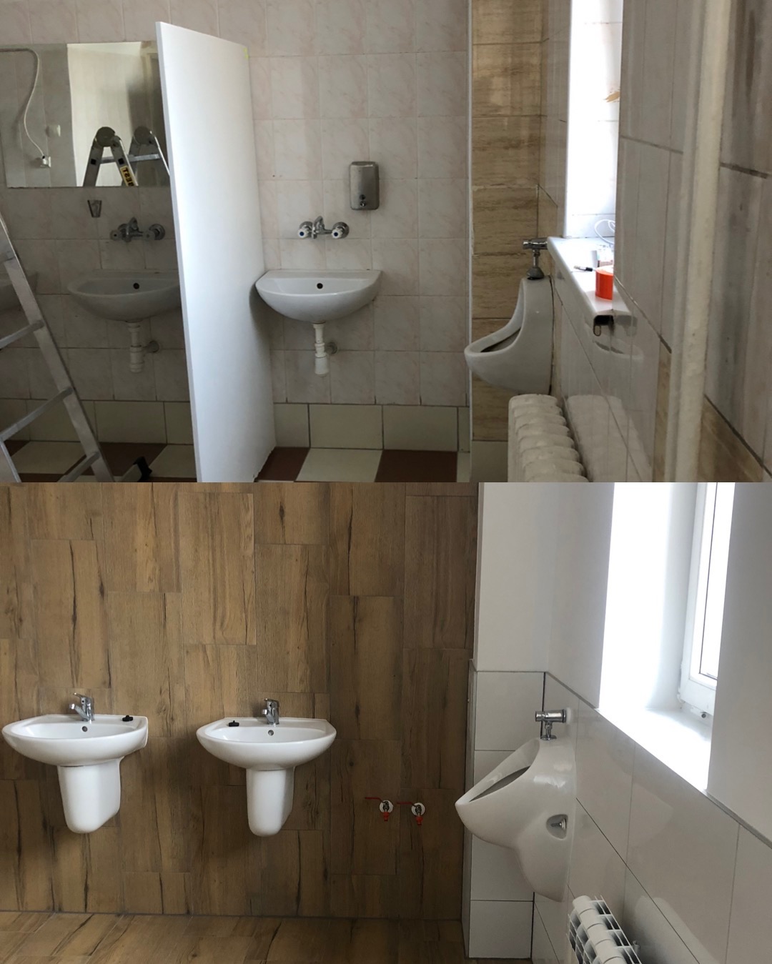 Zdjęcie przedstawia metamorfozę toalety publicznej: górna część ukazuje wnętrze przed remontem z widoczną drabiną, starą glazurą i pojedynczą umywalką, dolna część prezentuje efekt po renowacji...