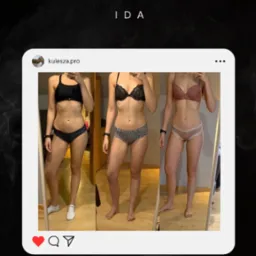 Kolaż zdjęć sylwetki kobiety przed i po 12-tygodniowej metamorfozie, prezentujący utratę wagi i zmniejszenie obwodu w talii, z opisem celu i efektów współpracy online.