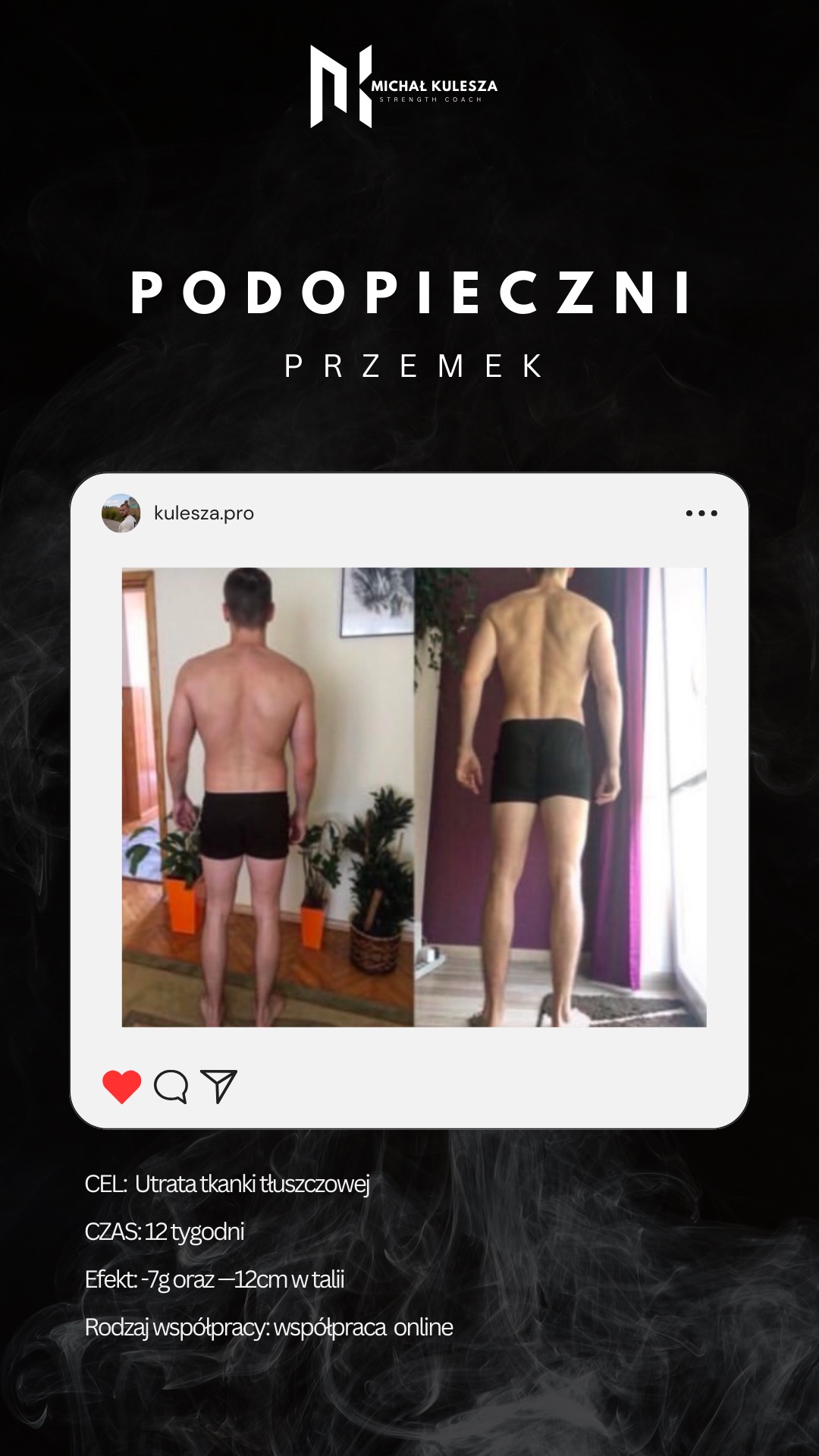 Grafika prezentująca metamorfozę sylwetki mężczyzny przed i po 12-tygodniowej współpracy online, z celem redukcji tkanki tłuszczowej i zmniejszenia obwodu w talii o 7-12 cm. Na zdjęciu porównanie...