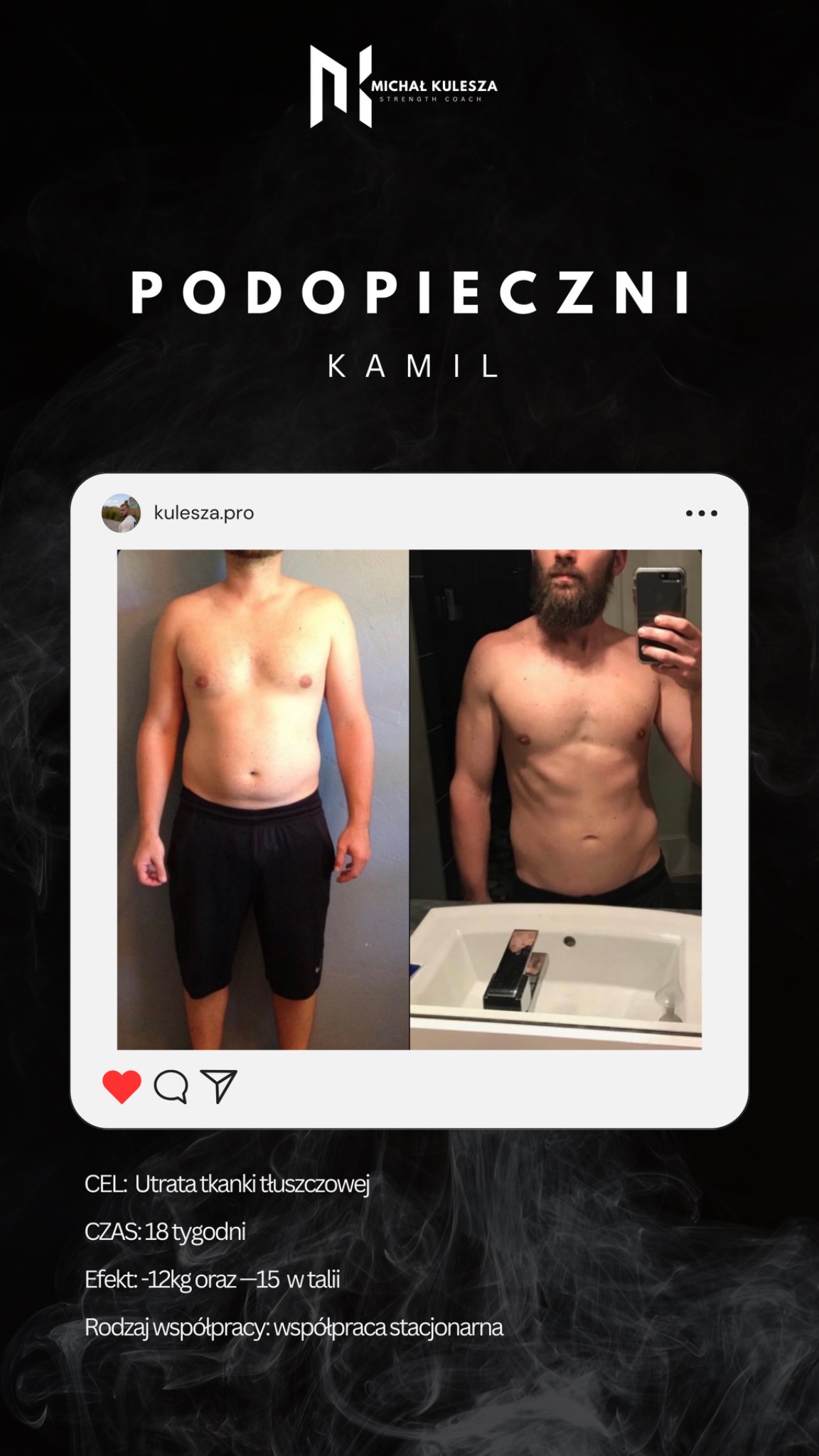 Zdjęcie 'przed i po' przedstawiające mężczyznę przed i po 18-tygodniowej współpracy stacjonarnej, z widoczną redukcją tkanki tłuszczowej i zmniejszeniem obwodu w talii o 15 cm, opublikowane...