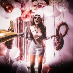 Uśmiechnięta kobieta w okularach w kształcie serc i szarfie 'Bride to be' otoczona balonami w różnych kolorach i kształtach butelek szampana.