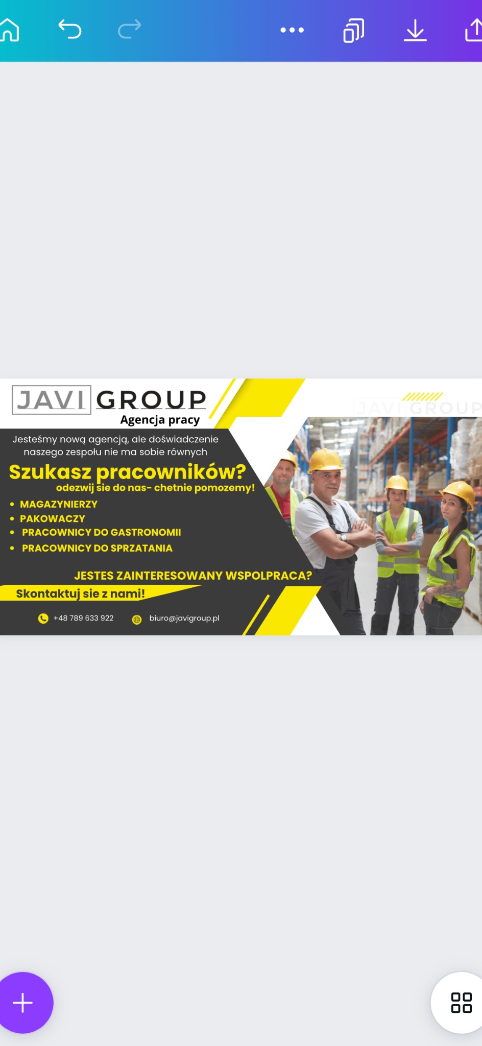 Reklama agencji pracy JAVI GROUP z pracownikami w magazynie, poszukujemy magazynierów, pakowaczy, pracowników do gastronomii i sprzątania.