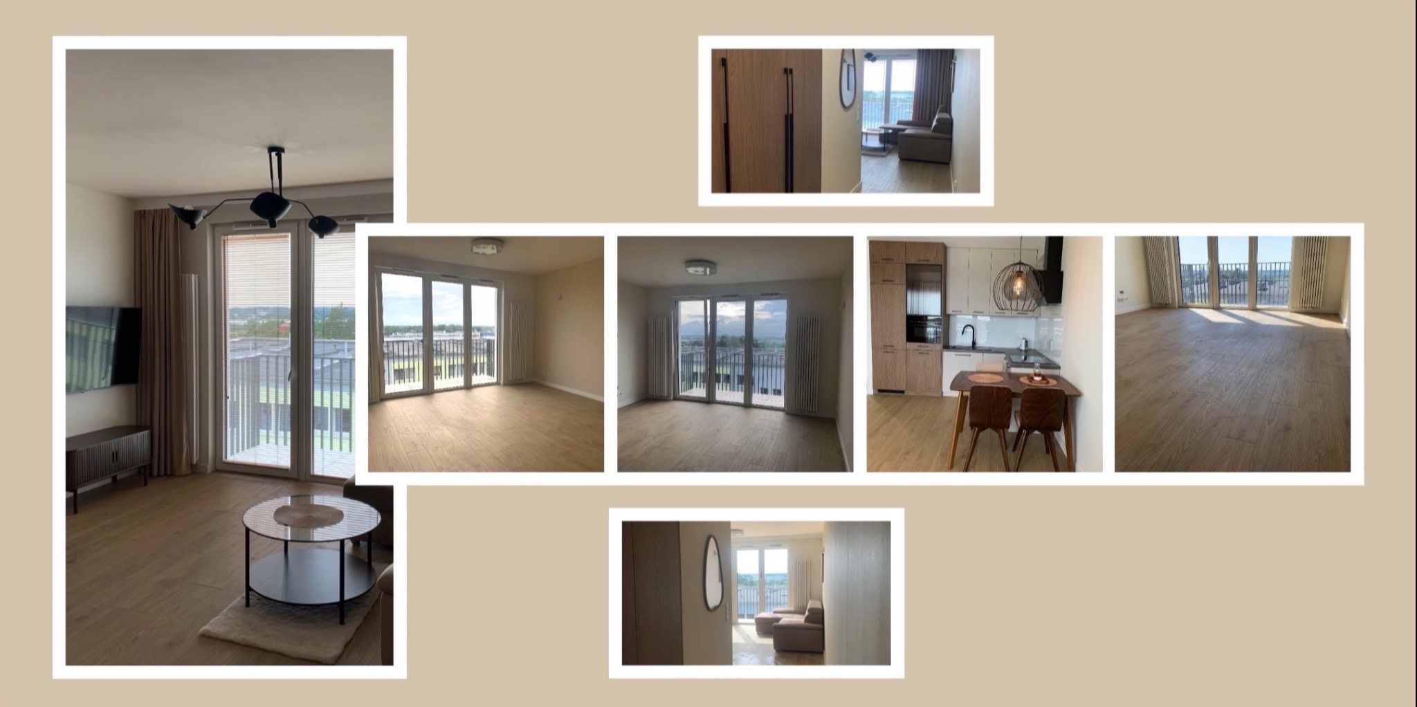 Kompozycja zdjęć przedstawiająca wnętrze wykończonego mieszkania z widokiem na balkon i panoramę miasta, w tym salon z czarną lampą i stolikiem kawowym, kuchnię z drewnianymi szafkami i jadalnią...