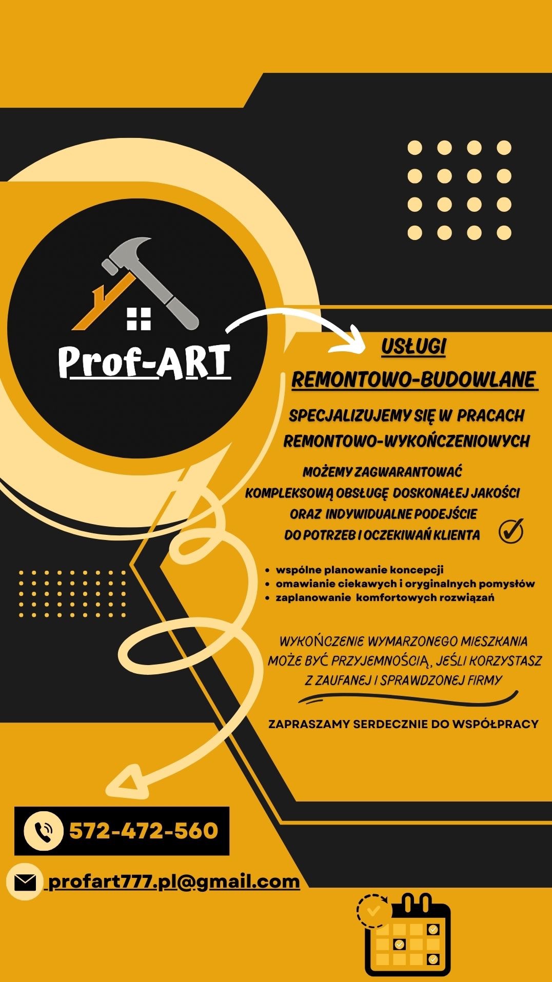 Grafika reklamowa firmy Prof-ART oferującej usługi remontowo-budowlane i wykończeniowe z numerem telefonu i adresem e-mail.