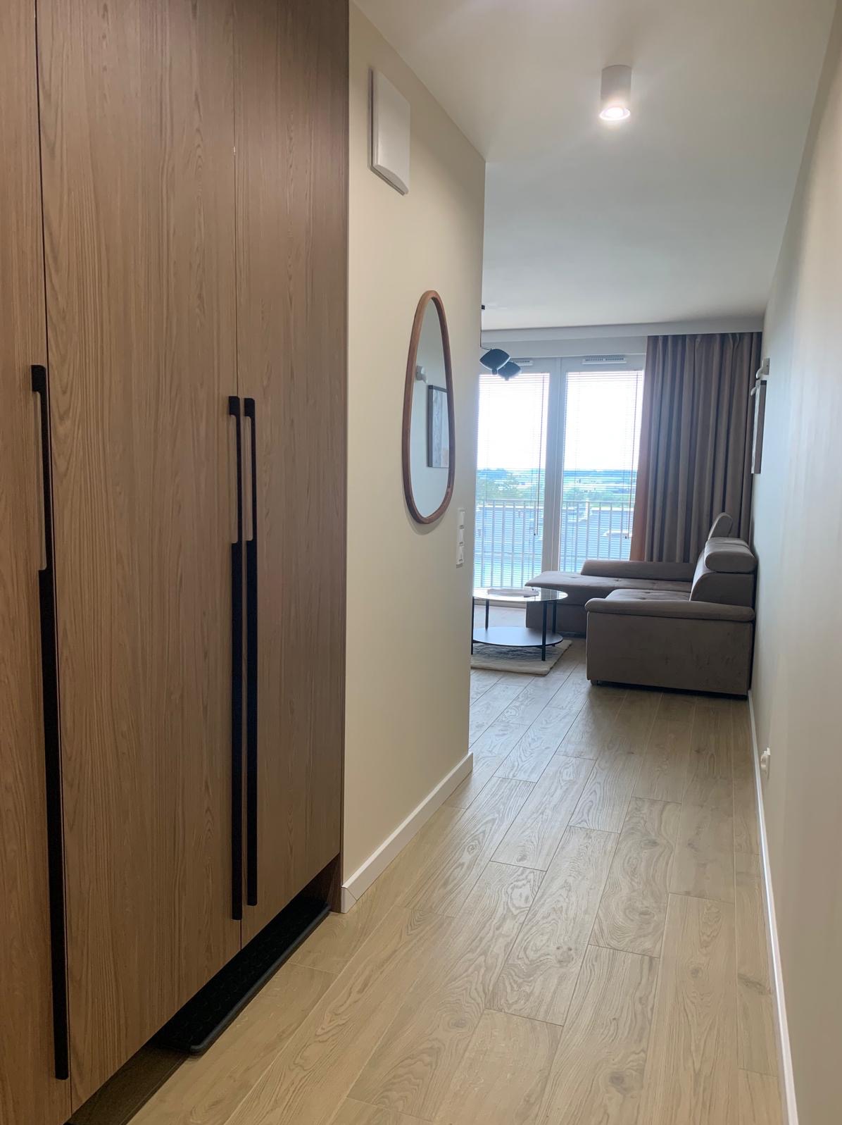 Wnętrze mieszkania: korytarz z drewnianą podłogą i szafą w zabudowie, okrągłe lustro na ścianie, w tle salon z szarą sofą narożną i balkonem.