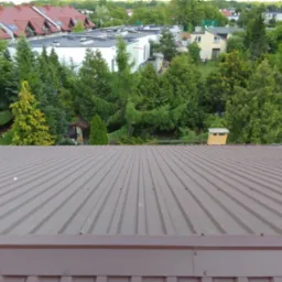 Brązowy blaszany dach z widokiem na zielone drzewa i domy w tle, uchwycony z perspektywy dachu. Widoczne łączenia blachy i elementy mocujące.