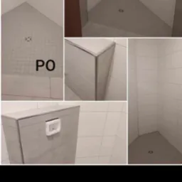 Mozaika zdjęć przedstawiająca wykończoną łazienkę z jasnymi płytkami, widoczne narożniki wykończone listwami, zabudowana toaleta z uchwytem na papier i brodzik z odpływem liniowym.