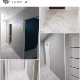 Kolaż zdjęć przedstawiający wykończony korytarz z dekoracyjną, szarą gładzią na ścianach, białymi drzwiami z poziomymi wstawkami i marmurową, białą podłogą z szarymi żyłami.