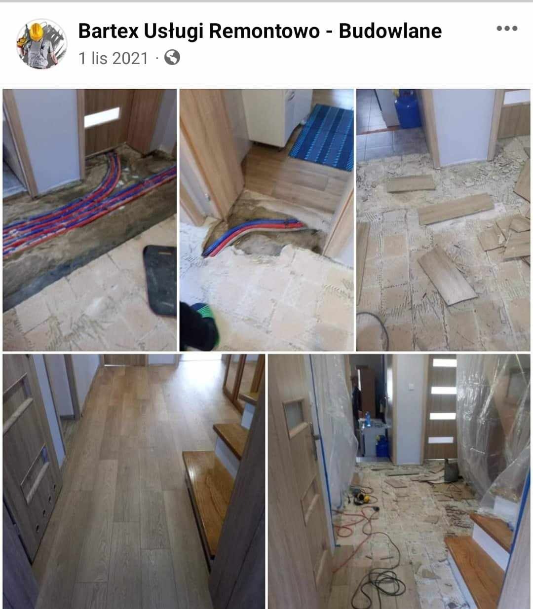 Kolaż zdjęć przedstawiających etapy prac remontowych w mieszkaniu: odsłonięte przewody hydrauliczne w podłodze, zerwane płytki podłogowe oraz ułożona nowa drewniana podłoga.