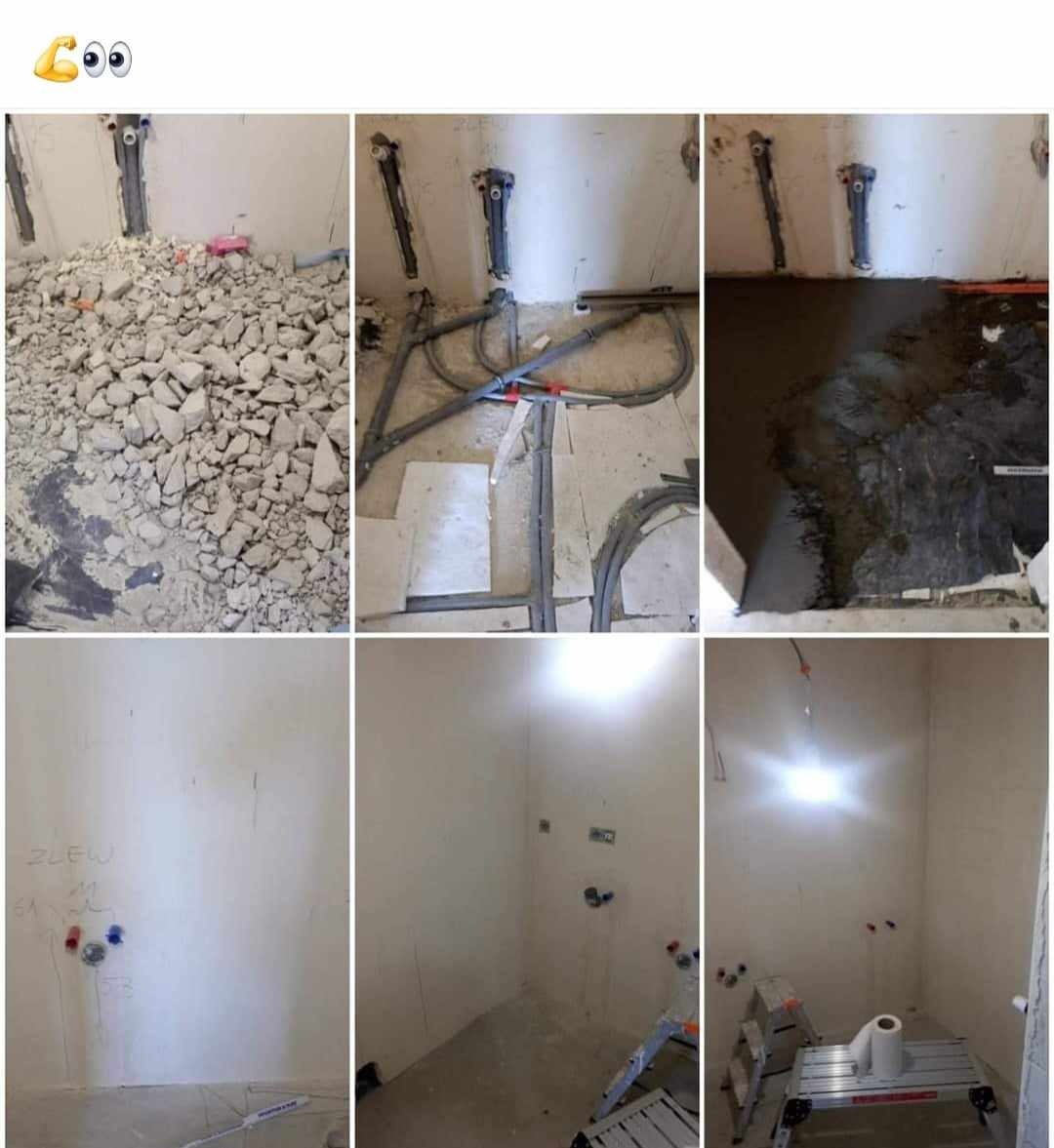 Seria zdjęć przedstawiająca etapy remontu łazienki: gruz po skuciu, rury instalacyjne, wylewka podłogowa, przygotowane ściany z zaznaczonymi punktami podłączeń.
