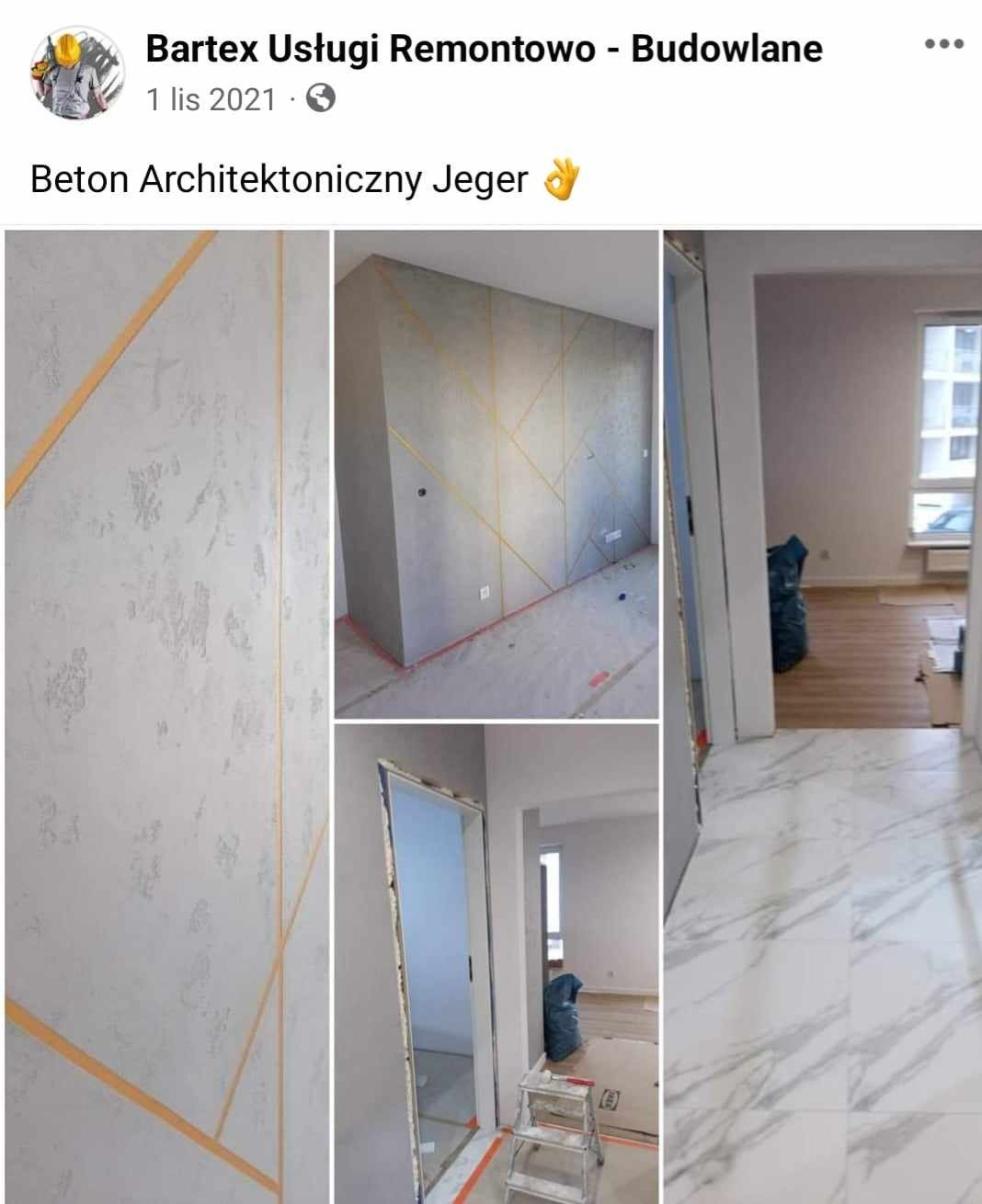 Ściana z efektem betonu architektonicznego, zdobiona geometrycznymi, złotymi liniami, widok na wnętrze z marmurową podłogą i schodami.
