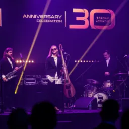 Zespół muzyczny na scenie podczas uroczystości 30-lecia firmy, saksofon, kontrabas, perkusja i trąbka, oświetlenie sceniczne w kolorze fioletowym.